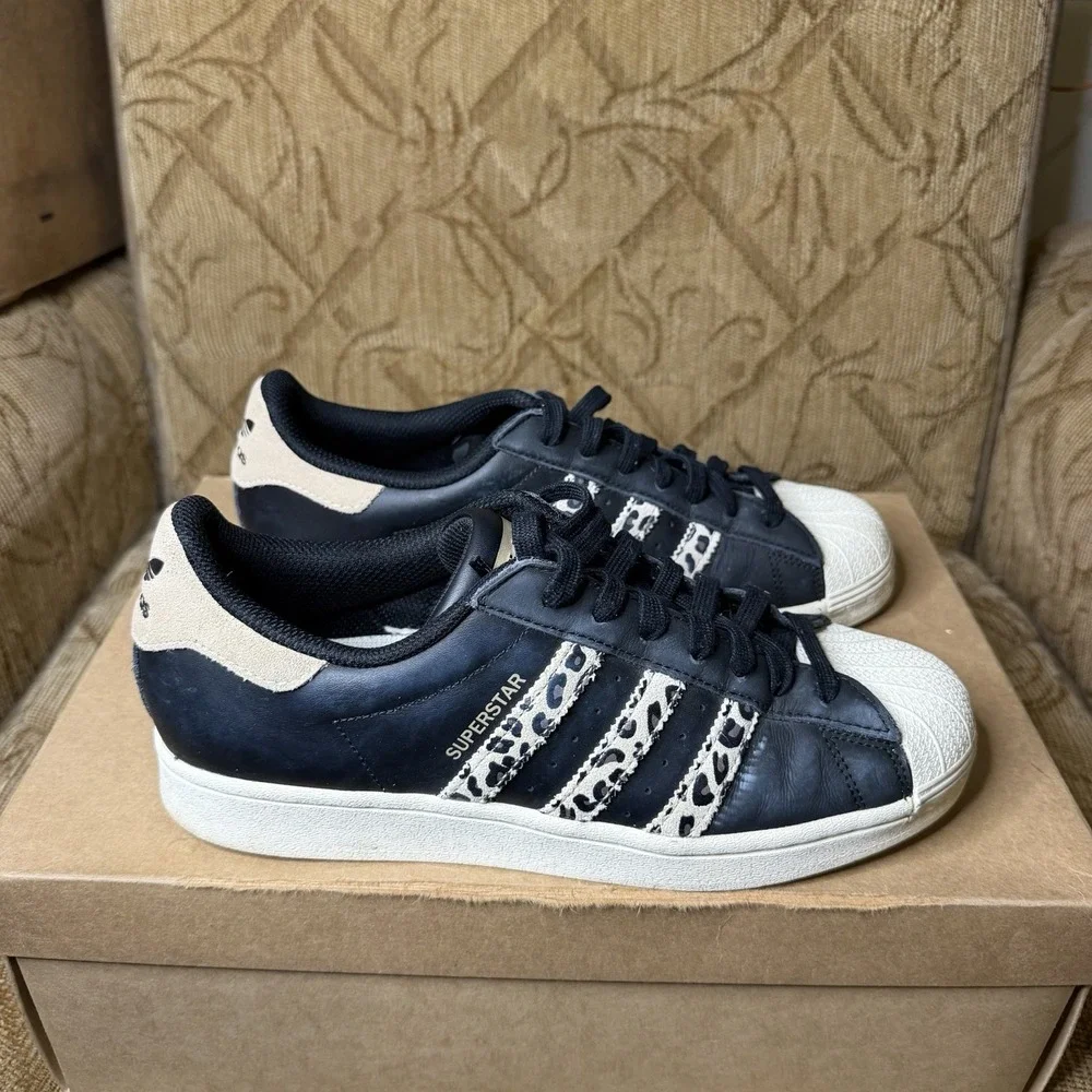 adidas Superstar Black/White Leopard Leather Sneakers IF7616 Women's Size 9